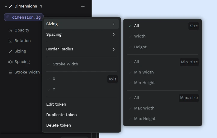 Tokens dimensions sizing