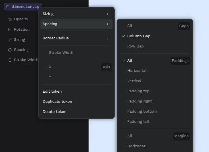 Tokens dimensions spacing