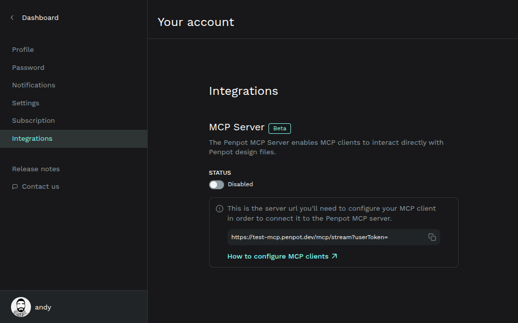 MCP Server in Penpot Integrations, enable