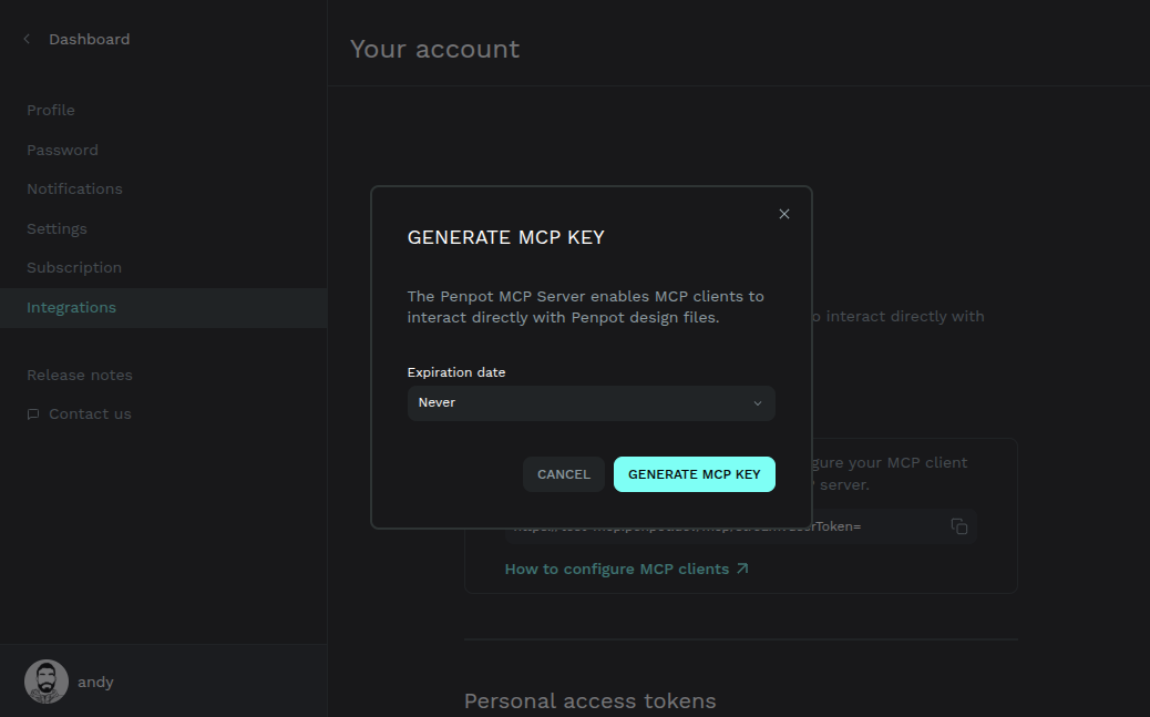 MCP Server in Penpot Integrations, generate key